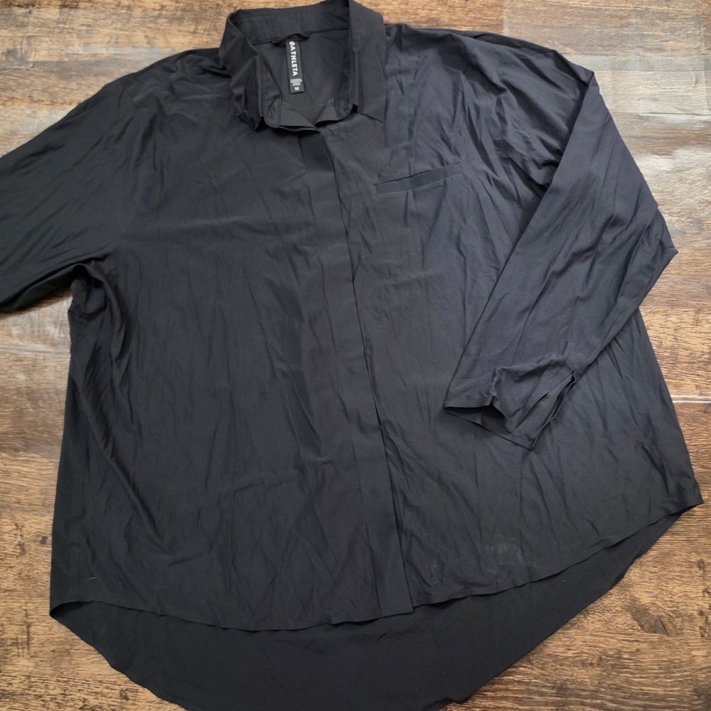 ATHLETA Button Down Shirt Womens 1X Black High Low Long Sleeve Performance‎ Top